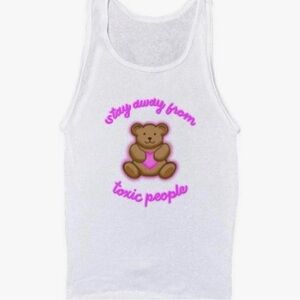 white ribbed tank top with “stay away from toxic people” and bear graphic